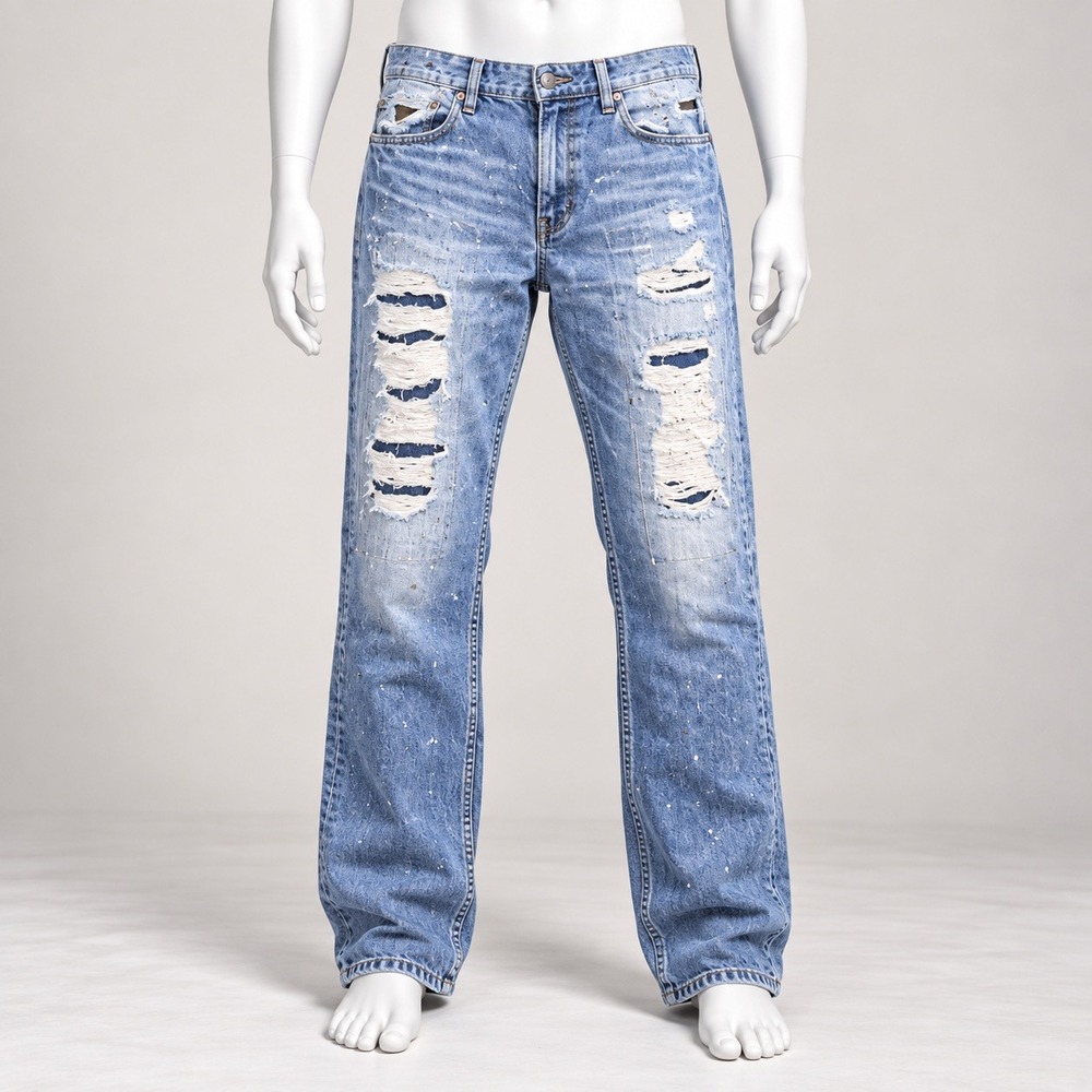 Guess Slim Straight Jeans Mens 36 Blue Distressed Patch Paint Splatter Denim